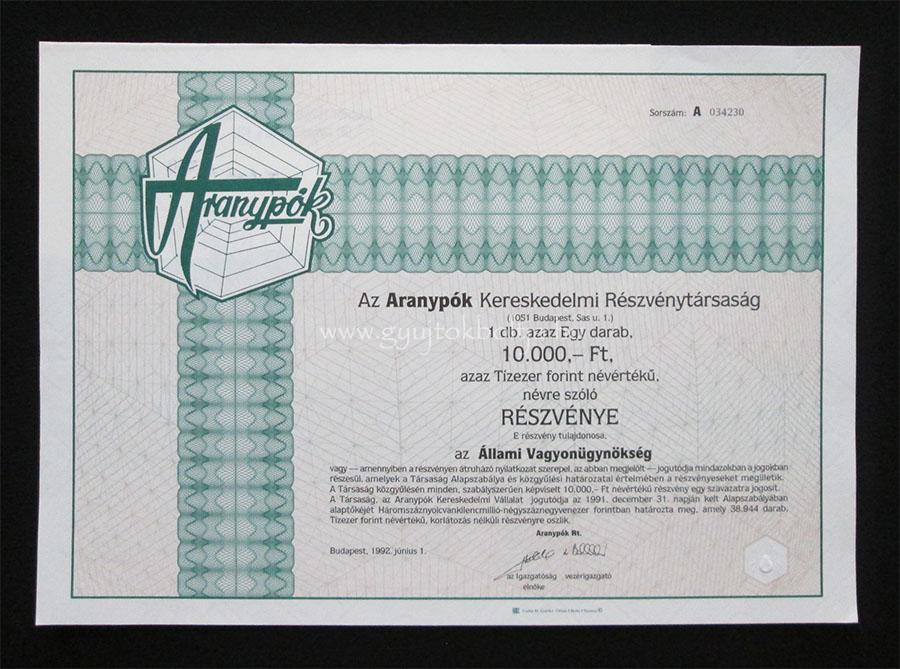 Aranypók Kereskedelmi Rt. részvény 10000 forint 1992